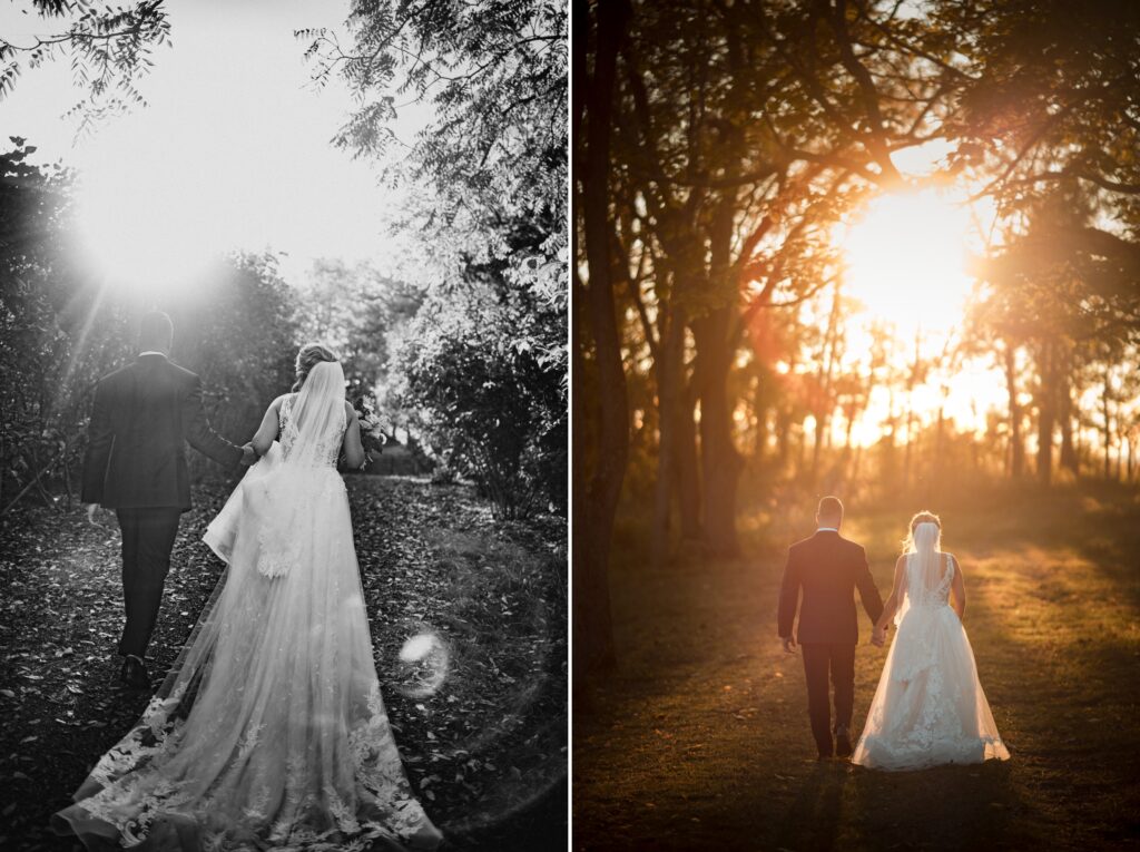 Newlyweds walking hand-in-hand through a Meadow Ridge on the Hudson pathway, with the setting sun casting a warm glow in the background. The image is shown in both color and black-and-white