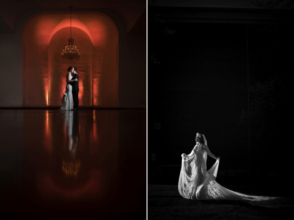 A diptych of Bourne Mansion wedding portraits: on the left, a couple embraces under a warm light in a grand hall, while on the right, a bride sits solo, her long veil