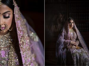 A bride in traditional South Asian attire, featuring intricate jewelry and detailed embroidery, captured in a serene, contemplative moment with a reflective background at her Pleasantdale Chateau wedding.