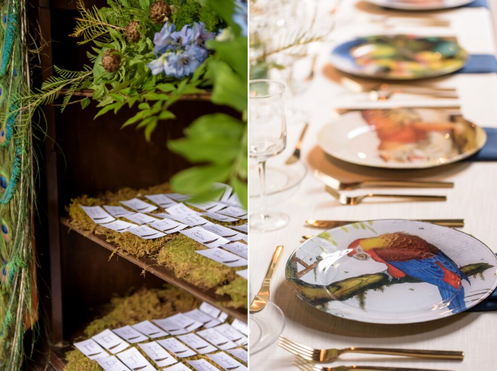 Elegant Hudson Valley Weddings at The Hill setting with decorative floral arrangements and name cards on a rustic table, alongside a close-up of colorful tableware and glassware.