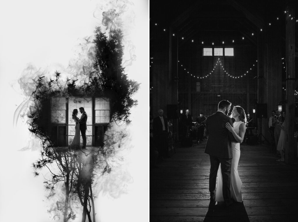 A composite image showing a couple sharing intimate moments at their Stonover Farm Wedding: on the left, a silhouette against a window with a smoky floral overlay; on the right, a black and white