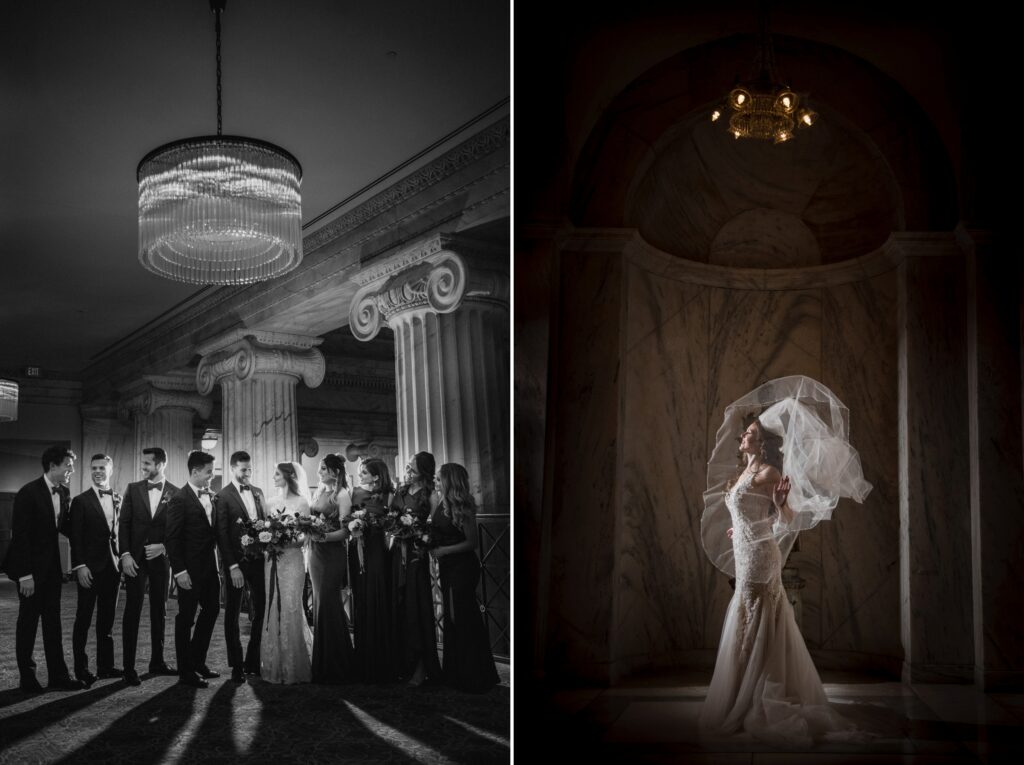 A split image depicting a groom with groomsmen at a dimly lit banquet held at the Ritz Carlton Philadelphia, and a bride in her wedding dress holding a veil, standing in a beam of