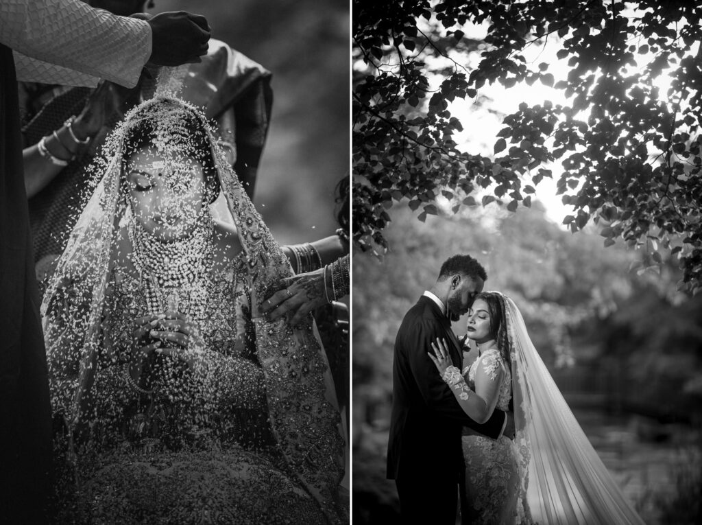 A diptych of Pleasantdale Chateau wedding moments: on the left, a bride in traditional south asian attire with an ornate veil; on the right, a couple in western wedding attire sharing