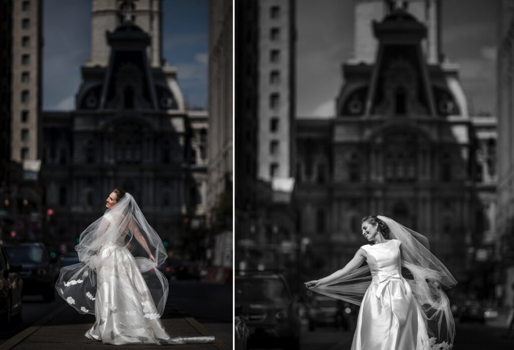 A bride in a white dress and veil strikes a pose on a city street with Philadelphia's City Hall in the background, depicted in both color and black and white.