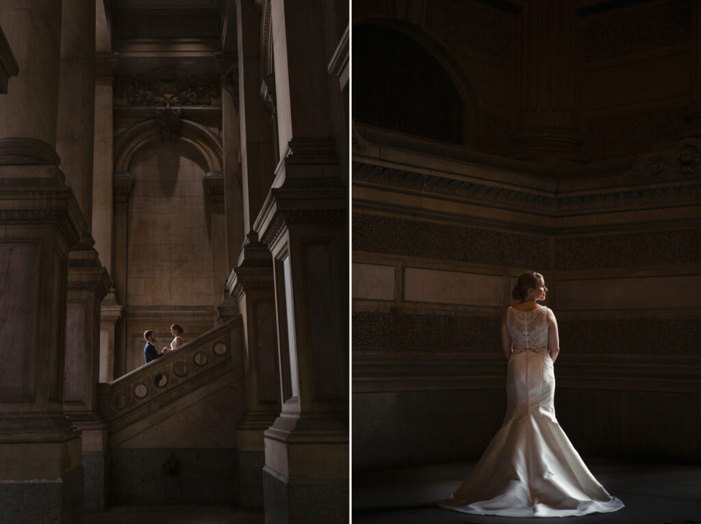 A split image depicting a Philadelphia, PA city hall wedding couple: on the left, the couple stands on a grand staircase; on the right, the bride poses alone in elegant attire.