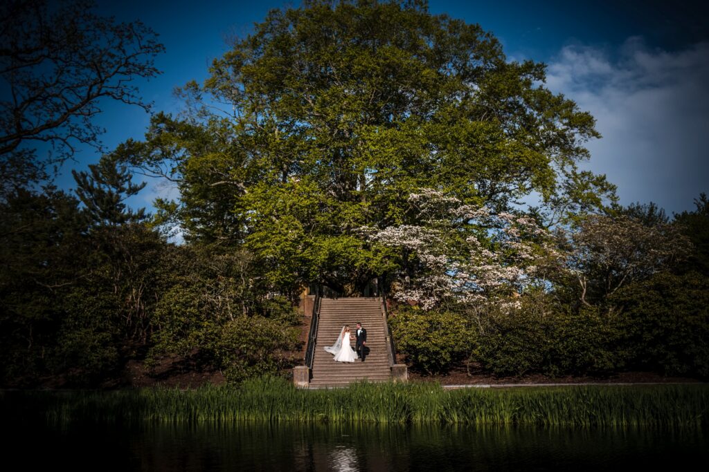 A couple in wedding attire standing on a wooden dock by a pond at Old Westbury Gardens, surrounded by trees and nature.