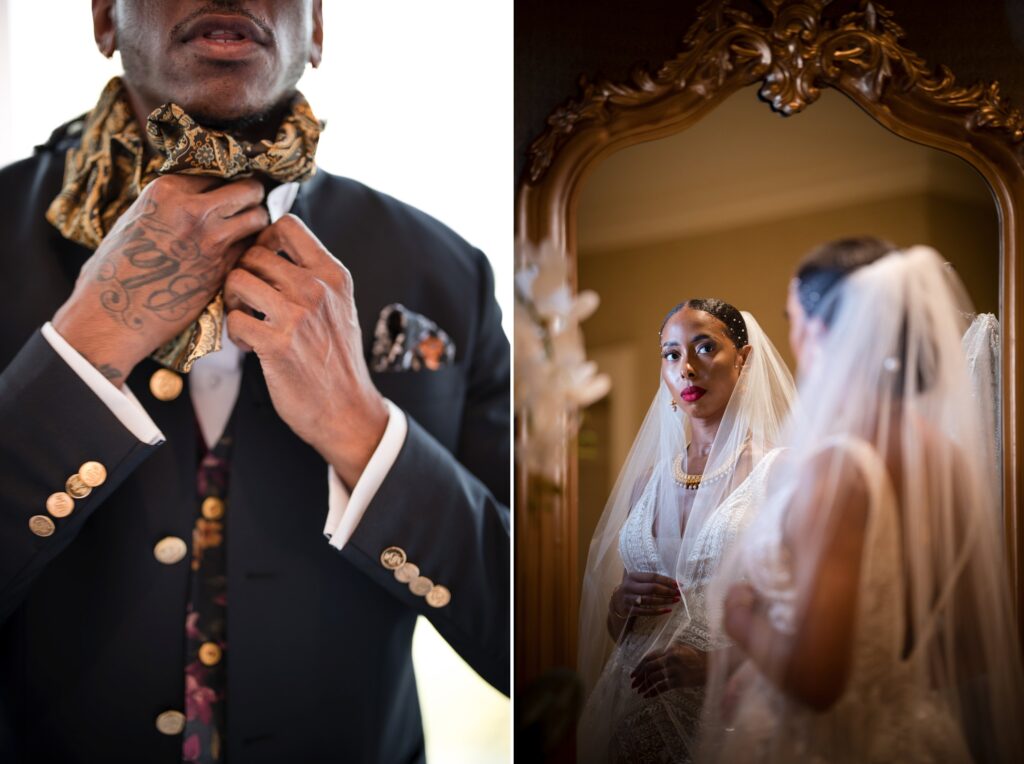 A diptych of wedding scenes at The Mansion on Main Street: on the left, a man adjusts his bow tie; on the right, a bride looks at her reflection in a mirror.