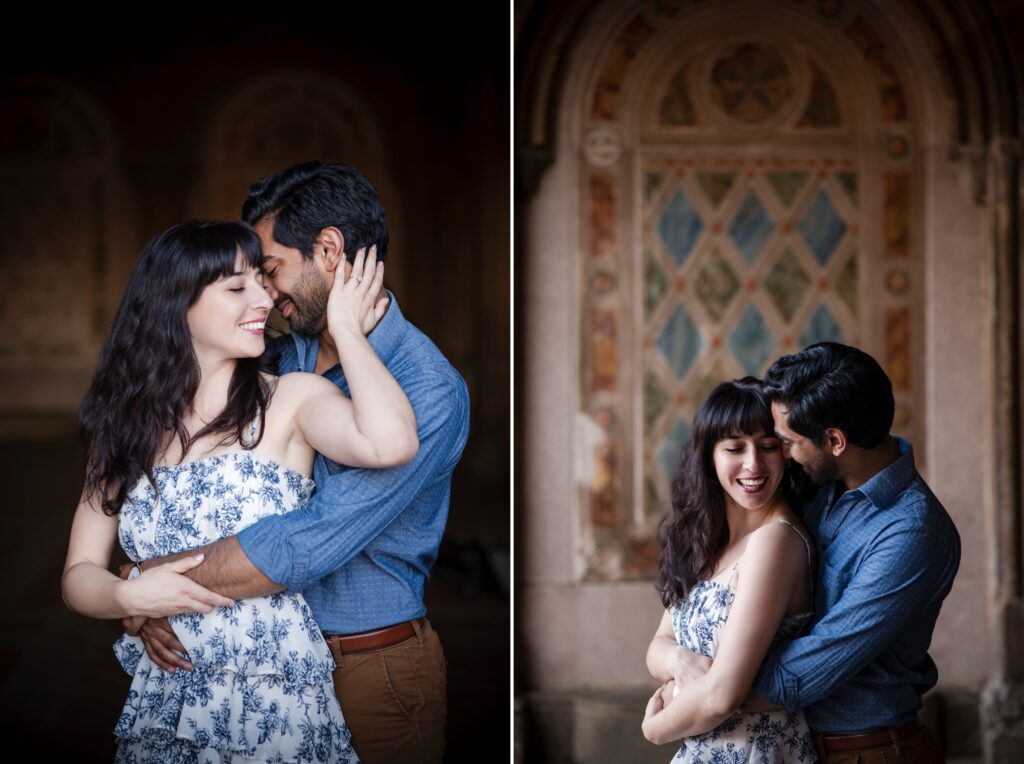 A couple embracing and smiling joyfully in Central Park, with a focus on intimate and affectionate gestures in two side-by-side images.