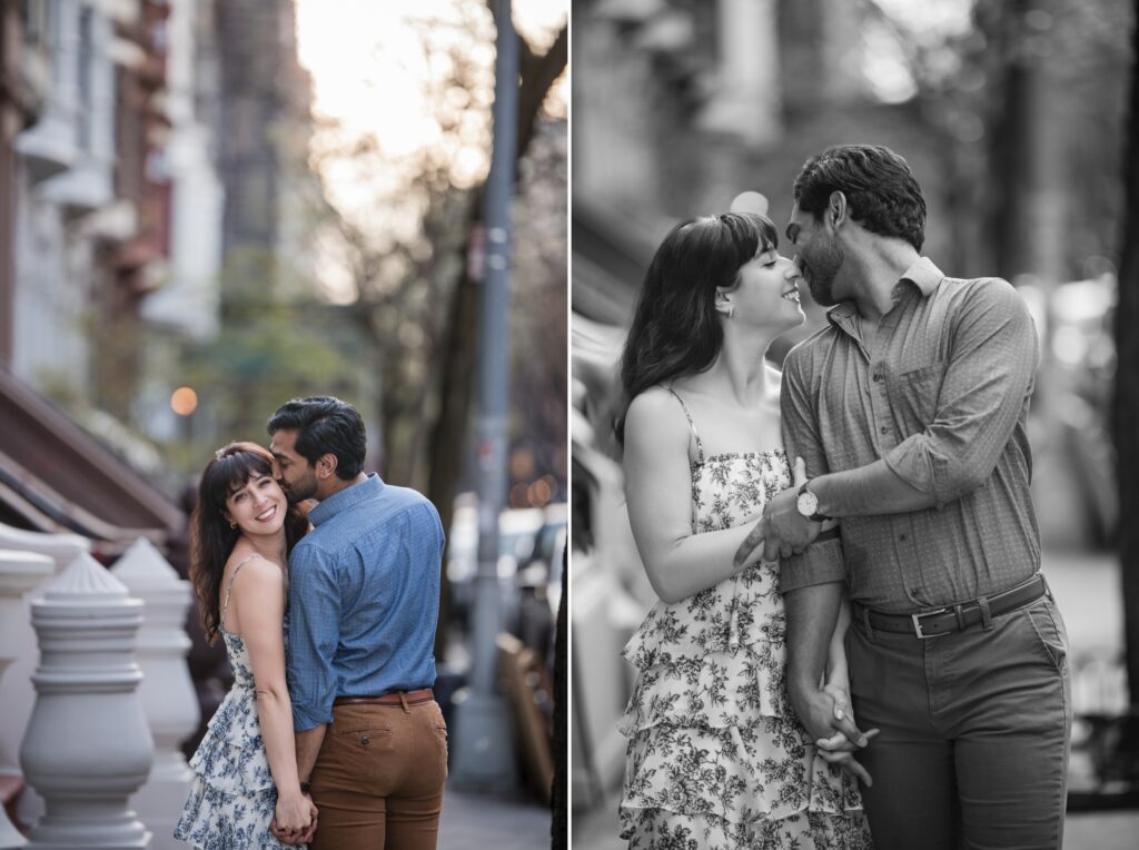 A couple affectionately embracing and smiling in Central Park, shown in both color and black-and-white versions.
