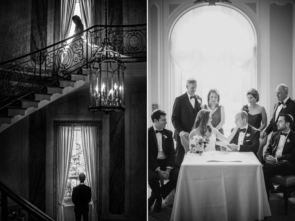 Left: a person descending an elegant staircase at Pine Hollow Country Club. Right: a formally dressed group gathered around a table in a well-lit room, enjoying the wedding festivities.