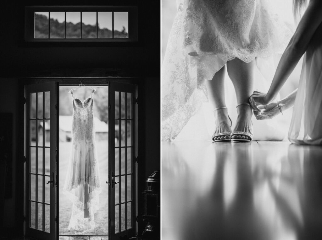 Black and white diptych image from a Riverside Farm wedding, showing a wedding dress hanging in a doorway and a close-up of a bride's feet in high heels.