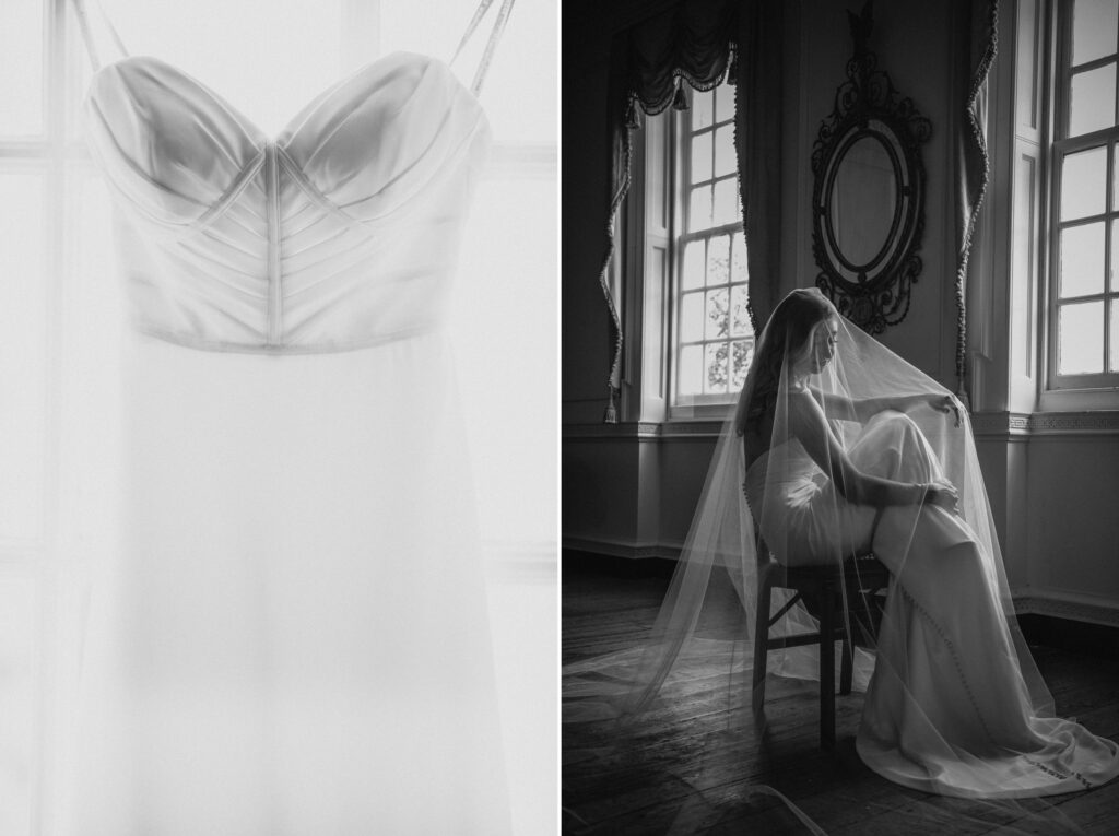 Black and white diptych photo: left shows close-up of a wedding dress top at Powel House, right features a bride sitting by a window covered in her veil.