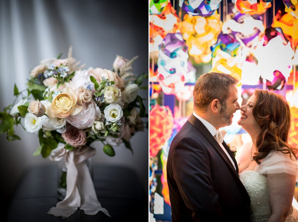 A bride and groom smiling at each other against a colorful stained-glass backdrop at Bryant Park Grill NYC, paired with a close-up of a delicate bridal bouquet.
