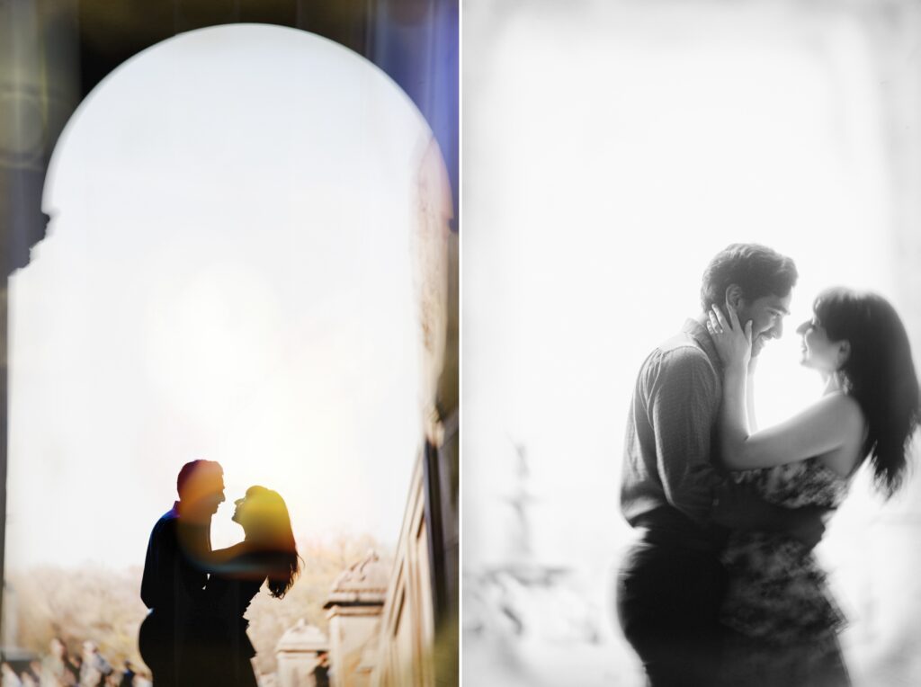 A diptych capturing a Central Park engagement, with the first image showing a couple embracing softly, silhouetted against a bright archway and the second portraying them in a softly focused black and