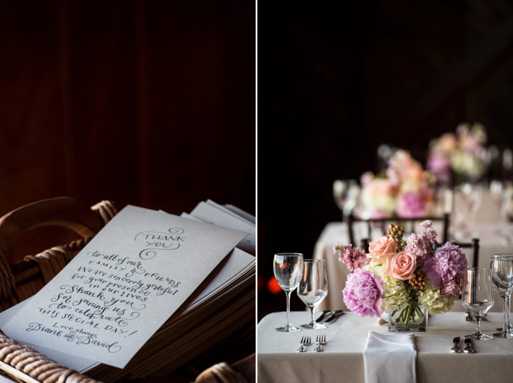 A split image: on the left, a handwritten thank-you note on a chair; on the right, an elegantly set dining table with a floral centerpiece at a saltwater Farms vineyard wedding.