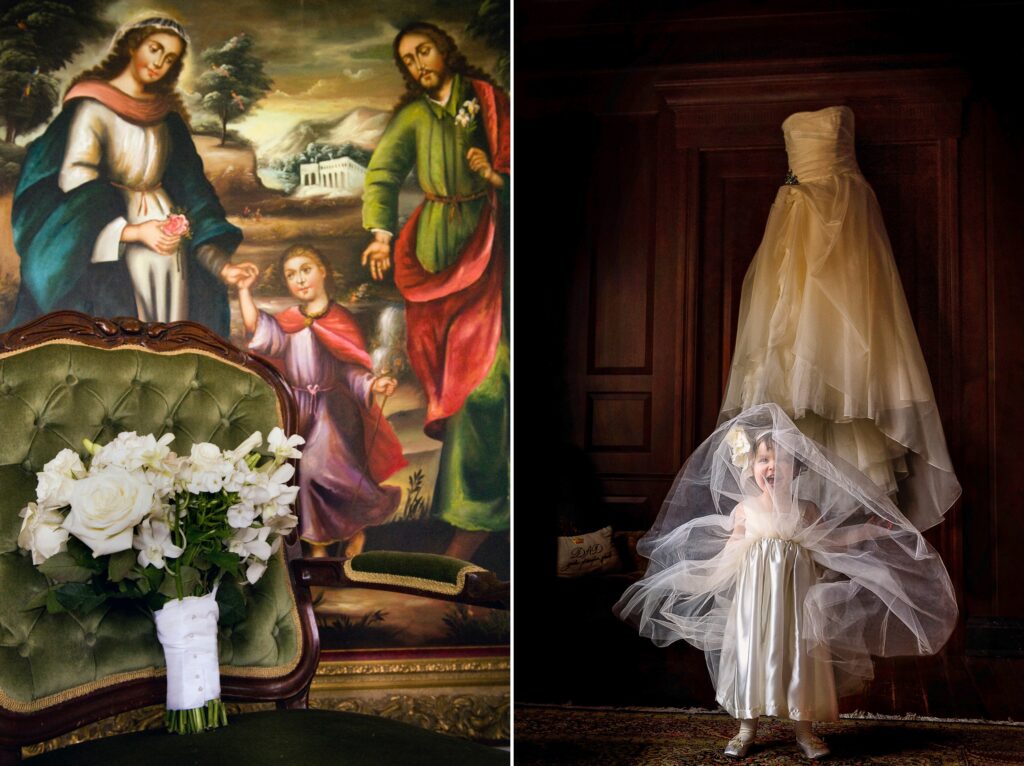 Left: a floral bouquet on a vintage green chair with a religious painting in the background. Right: at a Please Touch Museum wedding, a young girl in a bridal veil playfully hides under