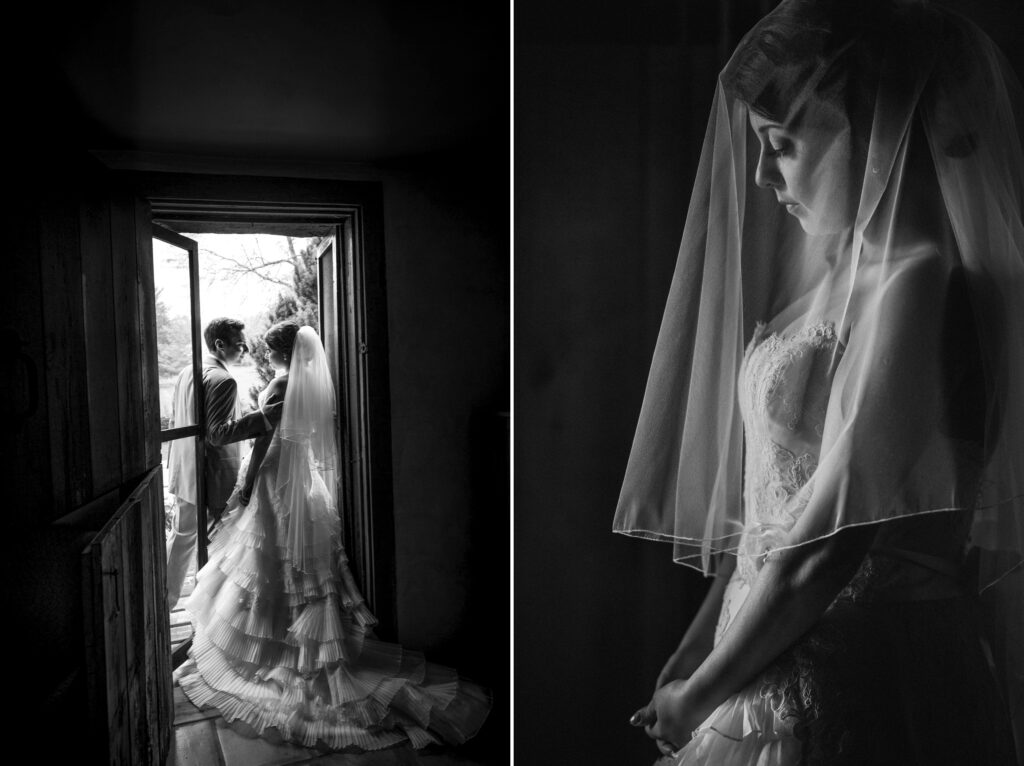 Black and white diptych, left image shows a bride and groom embracing by a window at the Crossed Keys Inn in Andover, right image features a close-up of the bride in her veil