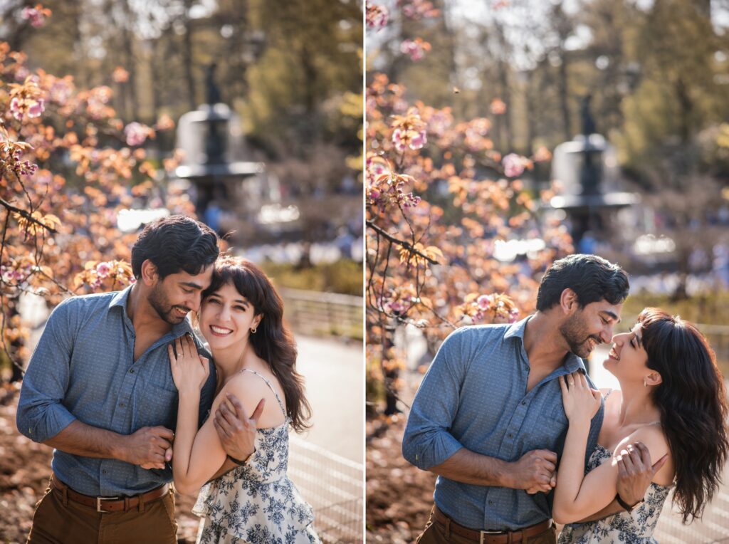 A couple affectionately interacting under cherry blossoms in Central Park, with the man smiling and nuzzling the woman's cheek in one image, and looking into her eyes in the other.