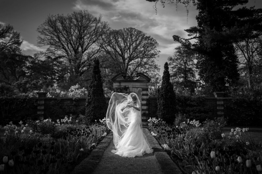 Bride standing alone in Old Westbury Gardens with her veil flowing, captured in black and white.