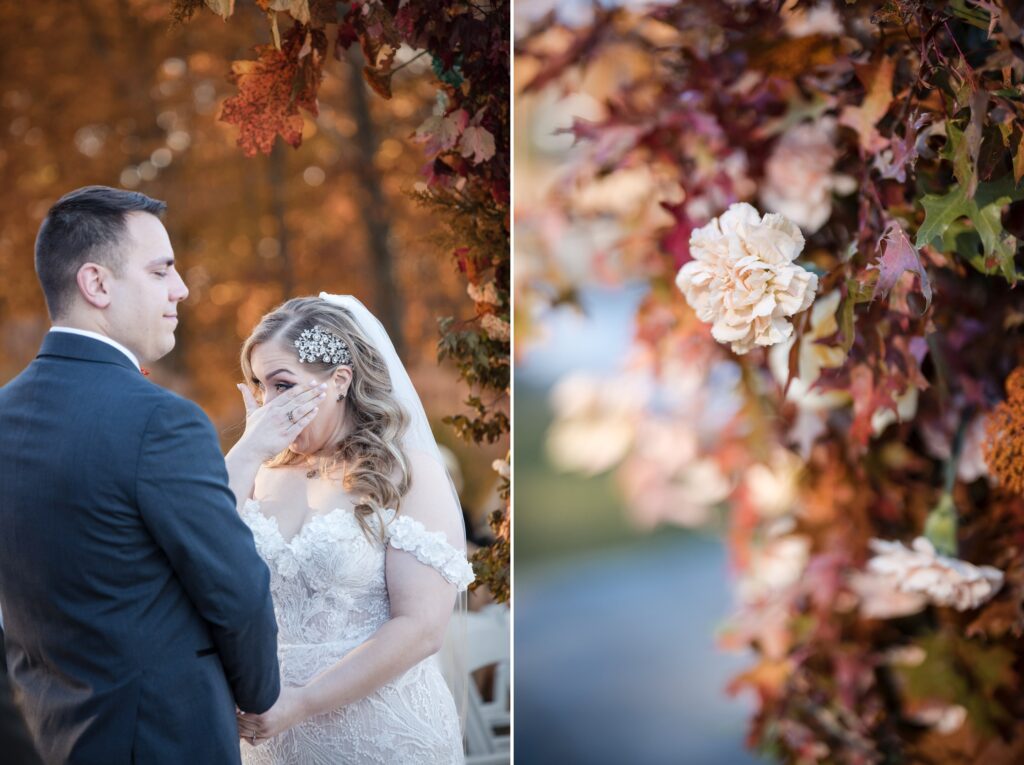 A bride and groom share an emotional moment against a backdrop of autumn leaves at their Rock Island Lake Club wedding; adjacent image shows a close-up of a pale rose among fall foliage.