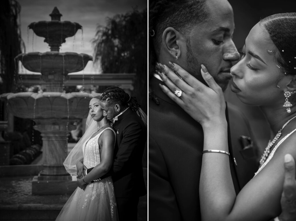 Black and white photo of a bride and groom at The Mansion on Main Street wedding, posing romantically beside a fountain and close-up of their intimate moment, touching foreheads.