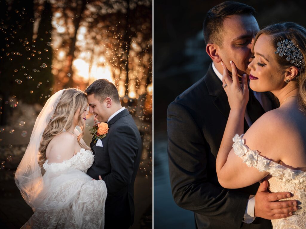 A bride and groom embracing at a Rock Island Lake Club wedding, with the left image captured in sunlit sparkles and the right image in dim, romantic lighting.