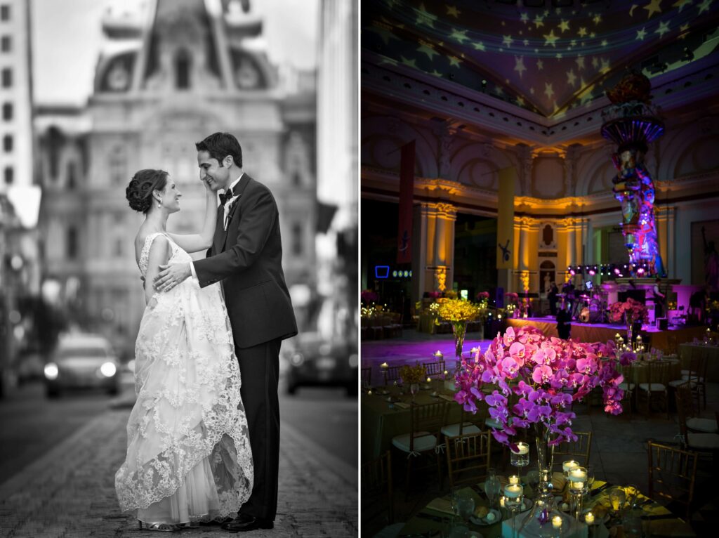 A split image showcasing a wedding scene: on the left, a couple embraces in a black and white city setting; on the right, a colorful Please Touch Museum wedding reception venue with floral decorations.