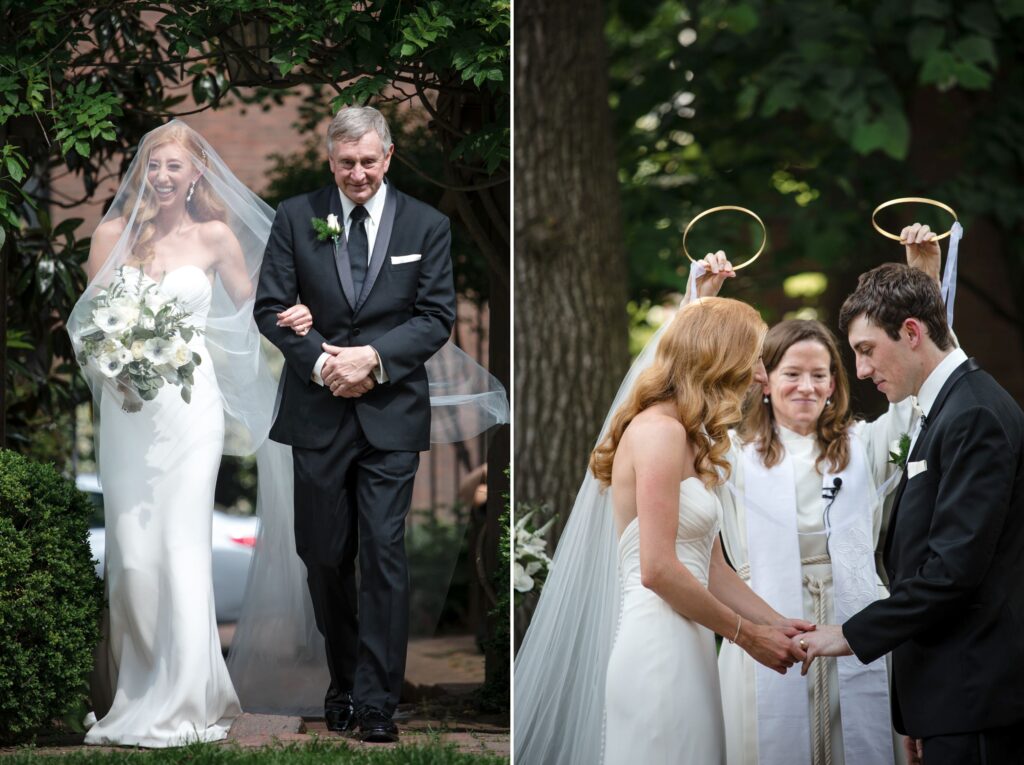 Left: a bride and her father walking down an outdoor aisle at the Powel House Philadelphia, both smiling. Right: a bridal couple holding hands at the altar with guests holding circular wreaths above them