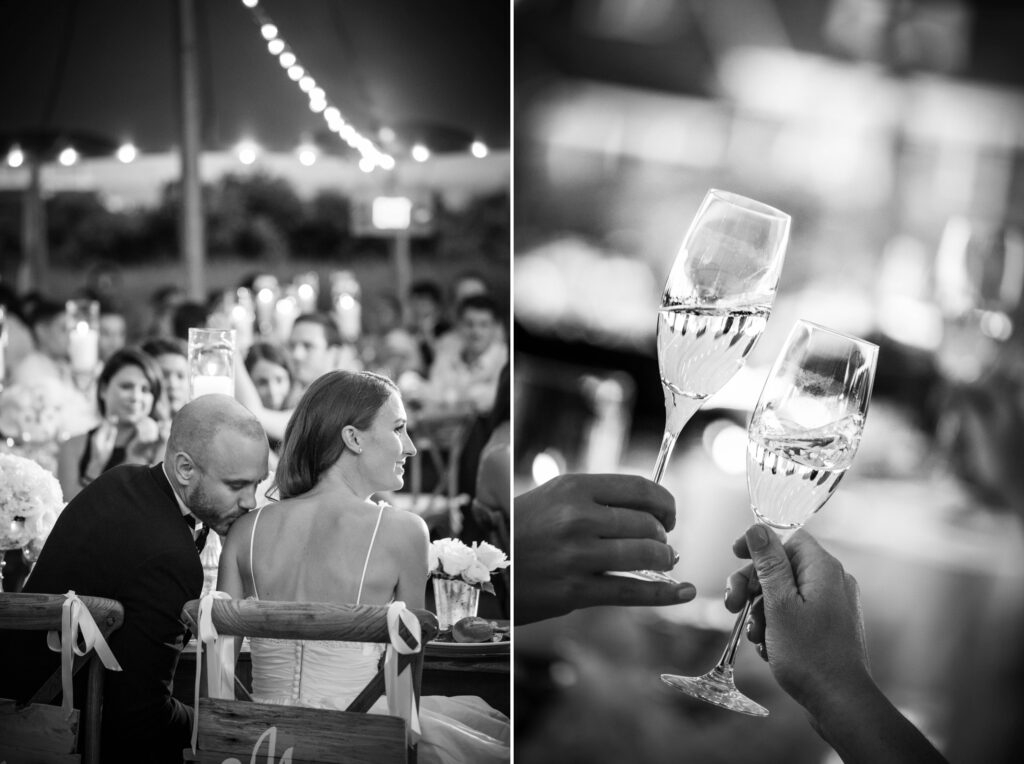 Black and white split-image: on the left, a couple at an ocean house Rhode Island wedding ceremony, and on the right, a close-up of a toast with two clinking glasses.