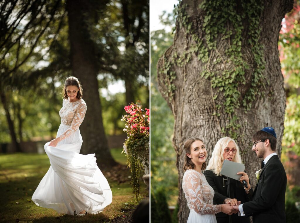 Left: bride in a lace gown smiling and twirling in a sunlit garden. Right: Hotel du Village wedding ceremony with a couple exchanging vows, officiant reading from a book.