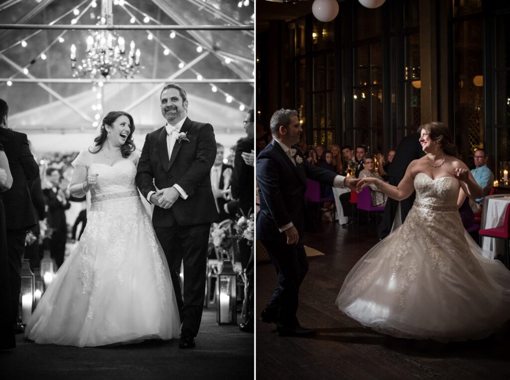 Two images from a Bryant Park Grill NYC wedding: the first shows a bride and her father walking down the aisle, smiling; the second depicts them dancing, illuminated by soft lighting.