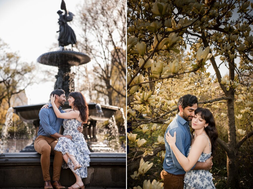 A couple embracing tenderly in two scenes: one by a Central Park fountain with a statue, and another surrounded by blooming flowers.