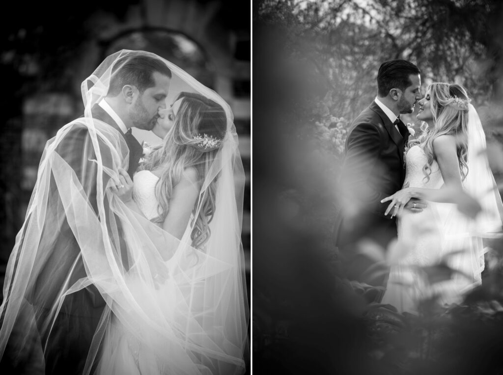 Black and white and color diptych of a bride and groom embracing and kissing under a bridal veil at Old Westbury Gardens.