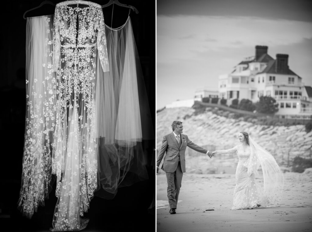 A delicately embellished wedding dress hangs on display, while a black and white photo shows a bride and groom holding hands on a beach with the grand Ocean House in Rhode Island in the background.