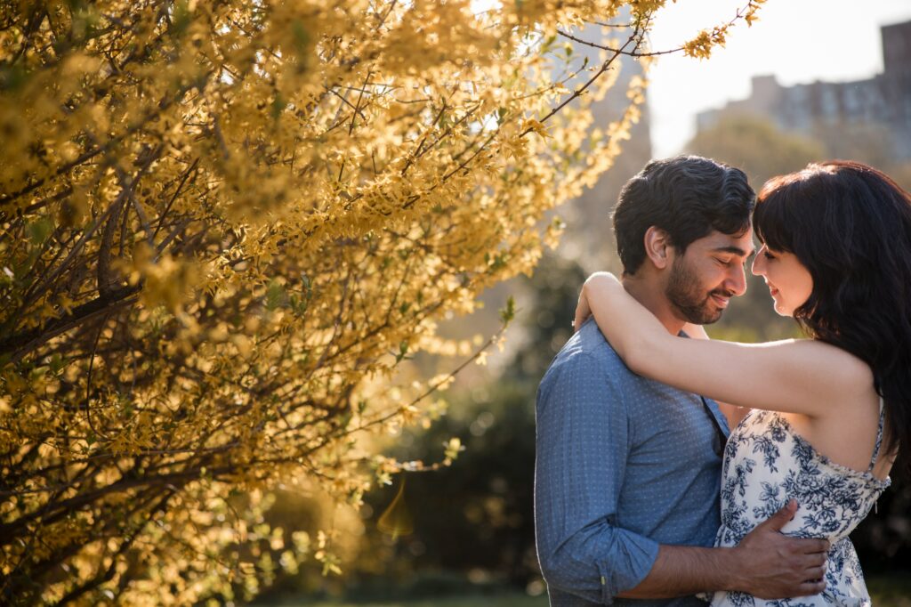 A couple embracing tenderly under blooming yellow trees in a sunlit Central Park.