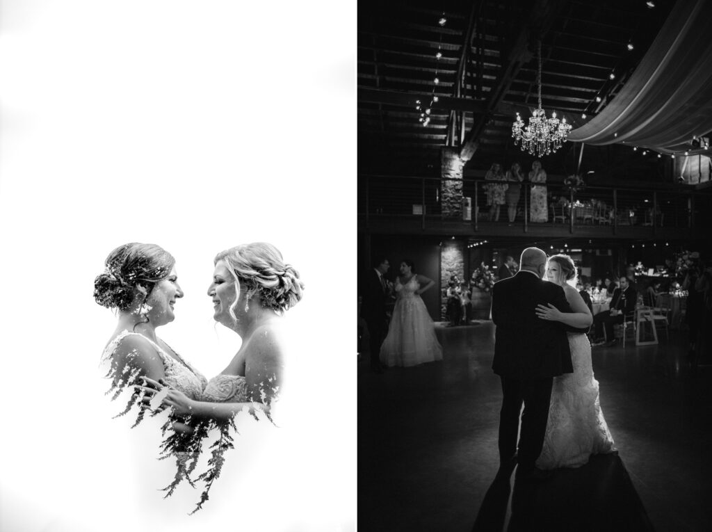 A split-screen image: on the left, a high-contrast black and white photo of two women facing each other, smiling at a Saltwater Farms Vineyard wedding; on the right, a bride and her father dancing