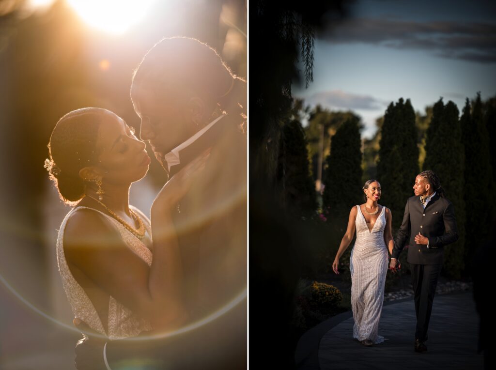 An elegant couple in formal wear shares an intimate moment at sunset in one panel of The Mansion on Main Street wedding, and walks together in a garden in the other.