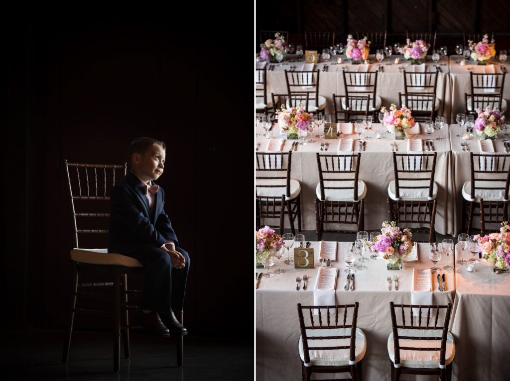 Young boy in a suit sitting alone on a chair in a dimly lit room. The adjacent image shows decorated tables with floral arrangements in a well-lit banquet hall at Saltwater Farms Vineyard wedding