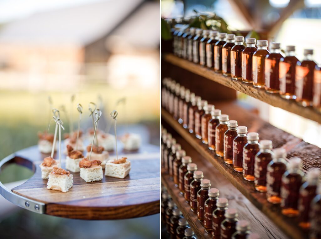 Split image of hors d'oeuvres on a wooden board and rows of small maple syrup bottles on a shelf at a Riverside Farm wedding.