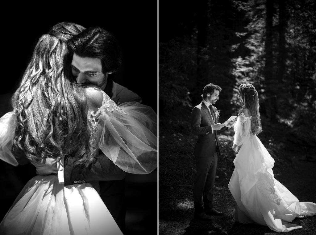 Two black and white photos: On the left, a couple embraces tenderly. On the right, they stand facing each other in a wooded area at their Nestldown wedding, exchanging what appears to be vows or heartfelt words.