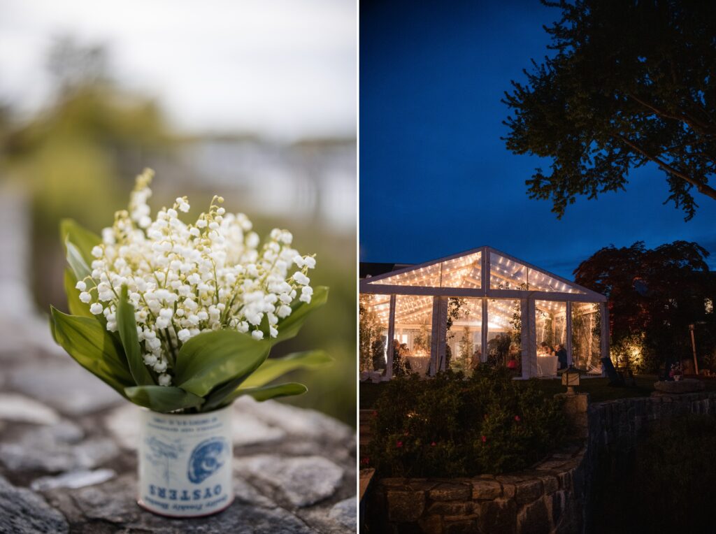 Left: Lily of the valley flowers in a small vintage can on a stone surface. Right: Outdoor evening Westport Connecticut wedding under a white, illuminated tent next to a garden.
