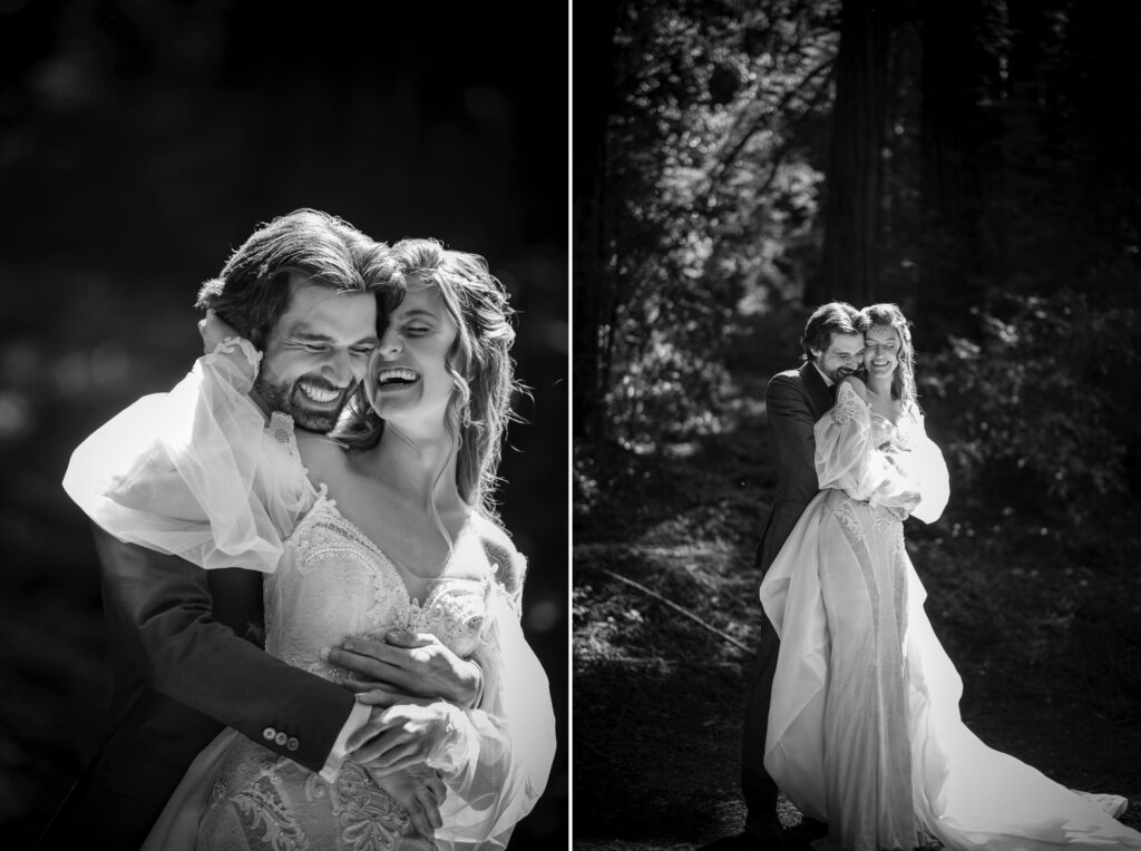 Black and white photos capture a couple in wedding attire embracing and laughing, set against the enchanting backdrop of a Nestldown wedding in an outdoor forest setting.