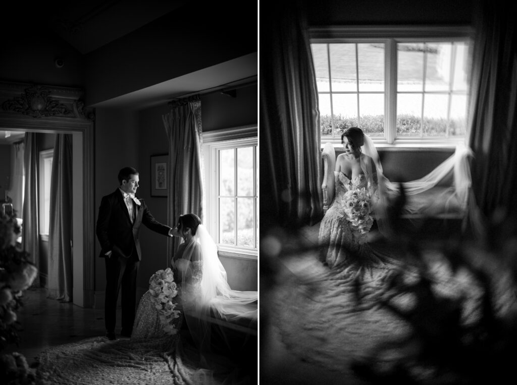 A black and white photo of a bride and groom at their Park Chateau wedding. The groom stands and looks at the seated bride holding a bouquet. Another shot shows the bride sitting by a window with her veil draped around her.