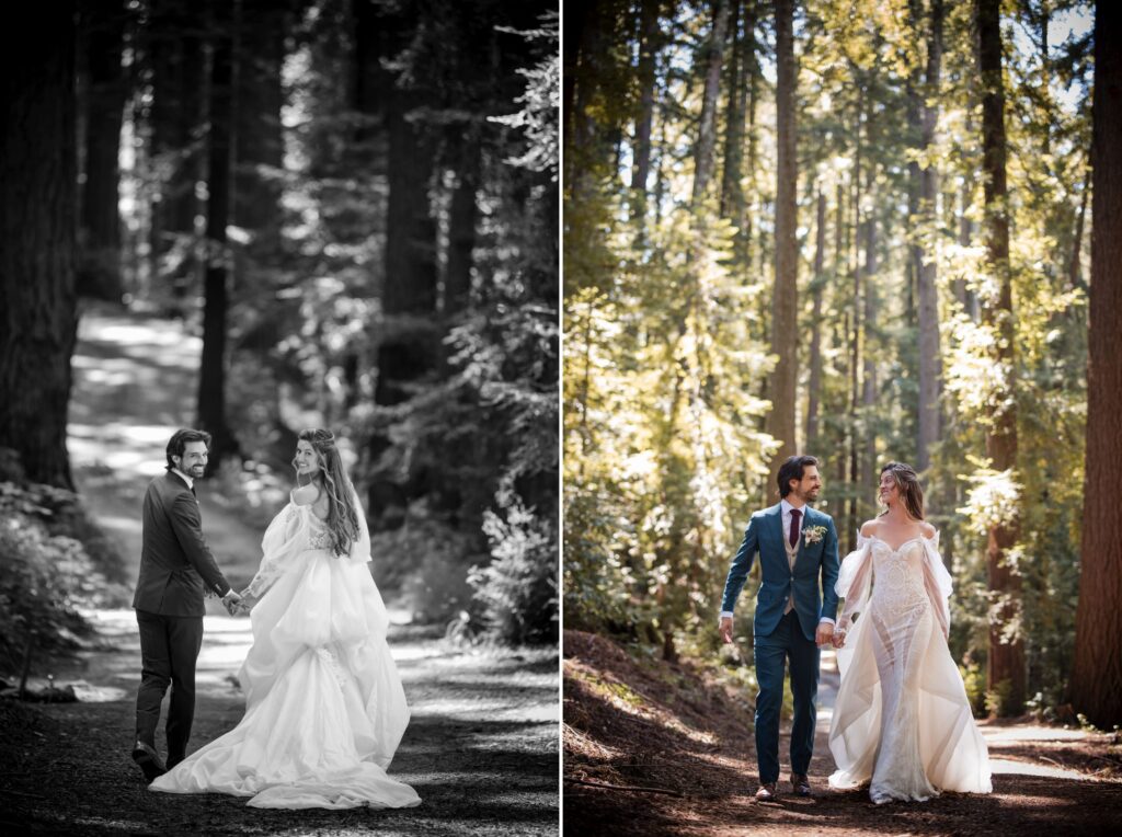 Two wedding photos: On the left, a couple holds hands in a forest, captured in black and white. On the right, the same couple walks hand-in-hand through the enchanting woods of their Nestldown wedding, adorned in elegant formal attire.