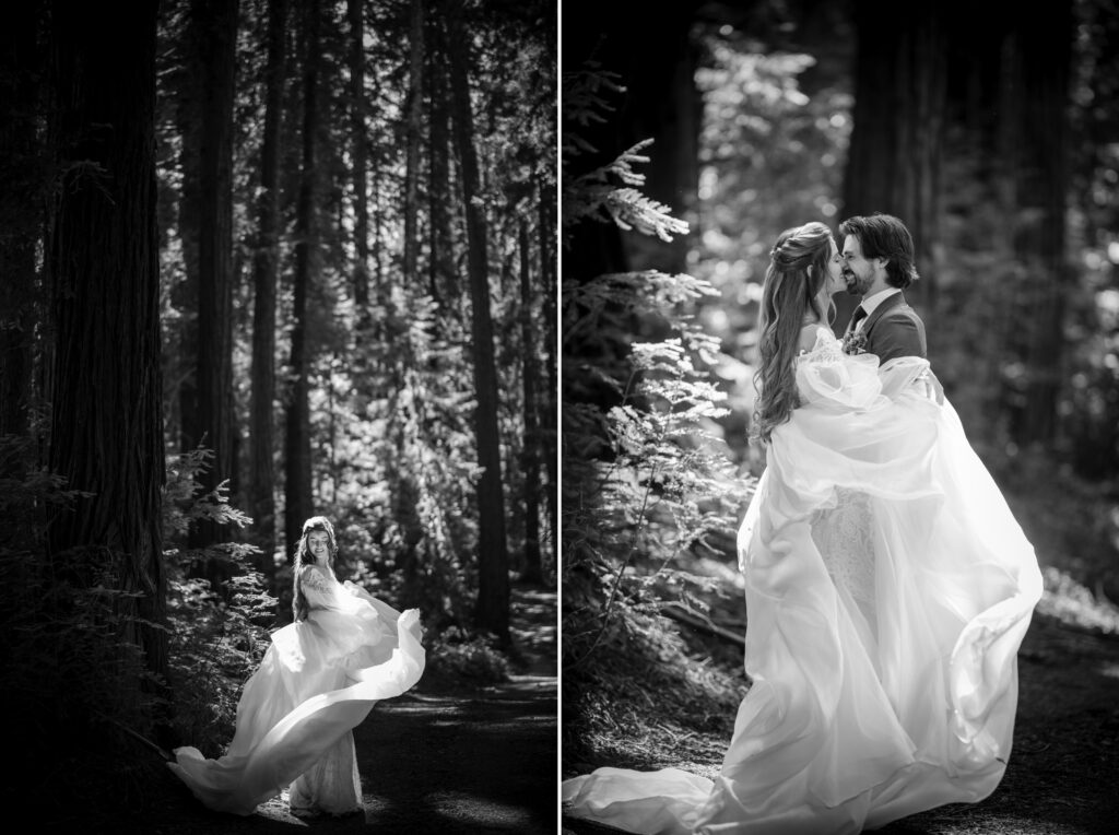 A bride and groom stand and embrace in a wooded forest at their Nestldown wedding. The bride's long dress flows around them as sunlight filters through the trees. The image is in black and white.
