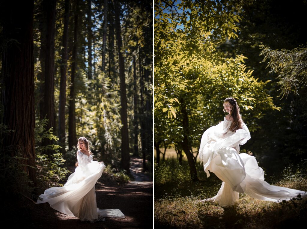 A woman in a white dress poses in a forest on the left and in a sunlit area with trees on the right, showcasing the flowing fabric of her attire. The scene evokes the enchanting ambiance of a Nestldown wedding, blending natural beauty with elegant charm.
