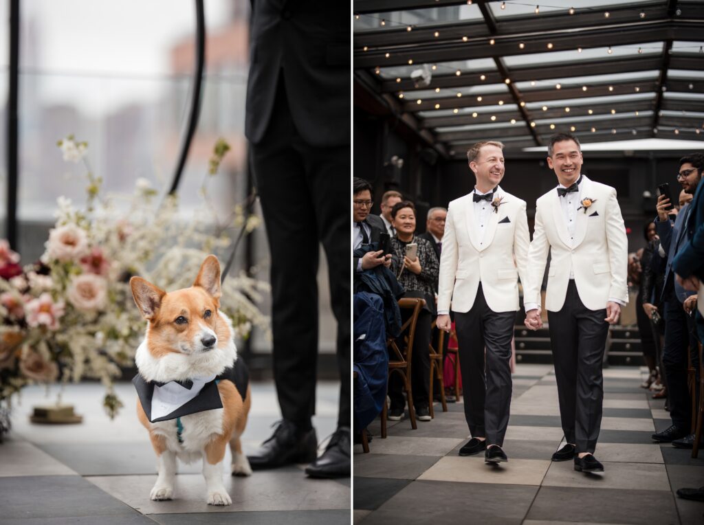The couple walking down the aisle at their 74 Wythe rooftop wedding, smiling and holding hands, with guests looking on and a well-dressed corgi leading the way.
