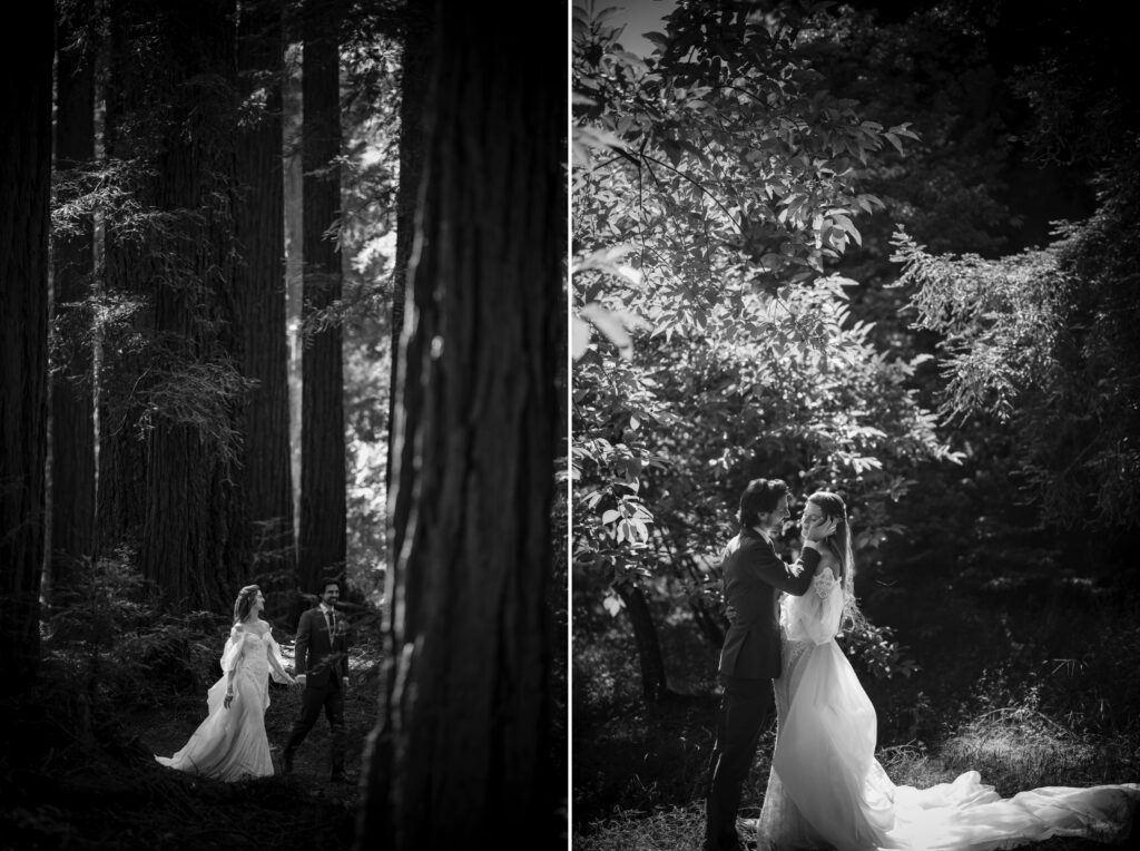 Two black and white photos of a couple's Nestldown wedding: on the left, they walk together in a forest; on the right, they stand closely, facing each other, in a sunlit clearing amidst trees. Both are dressed formally.