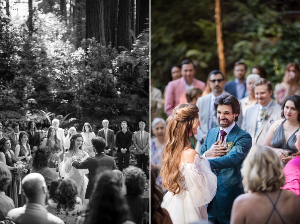 A couple exchanges vows in an outdoor forest wedding ceremony at Nestldown, with friends and family gathered around, smiling and watching intently.