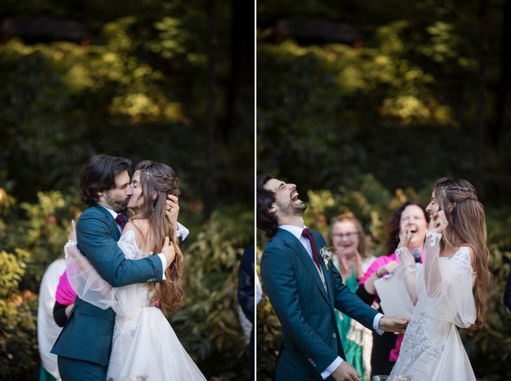 A couple is seen in two moments during their outdoor Nestldown wedding ceremony: in the first image, they are kissing; in the second, they are laughing joyfully, surrounded by clapping guests.